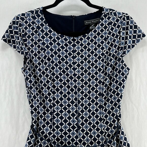 Jessica Howard Dress Women 4P Cap Sleeve Geometric Print Belted A-Line Navy Blue - Picture 3 of 12